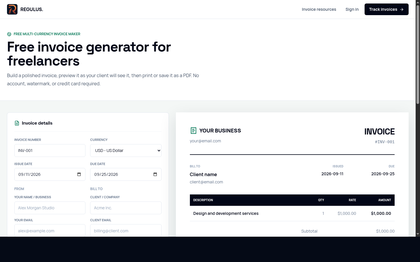 Invoice creation in Regulus
