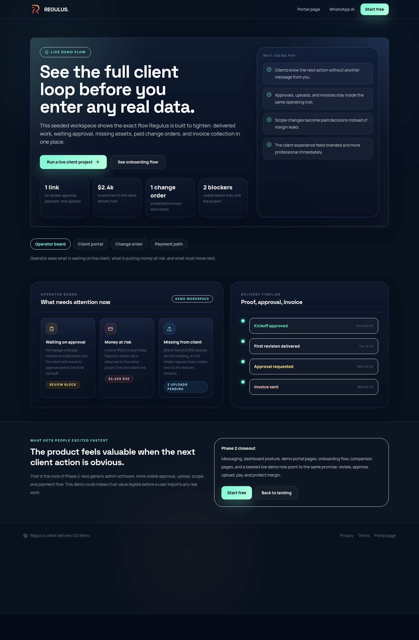 Client Actions board in Regulus